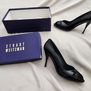 Vintage Stuart Weitzman Shiny Black Patent Open Toe High Heels 11M Orig $270